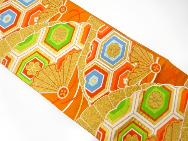 JAPANESE KIMONO / ANTIQUE FUKURO OBI / WOVEN FAN & FLORAL KIKKO
